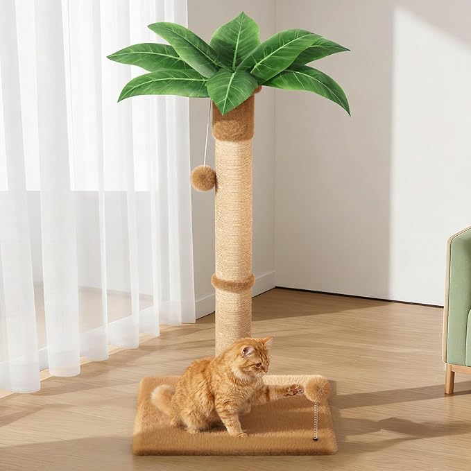 XiaZ Cat Scratching Post 34'' Tall, Cat Scratchers Tree Tower for Indoor Kitty with Extra Wide 15.8" Stable Base and 2 Toy Balls, Natural Sisal & Plush Fabric for Small, Medium Cats (Brown, 2.8in)