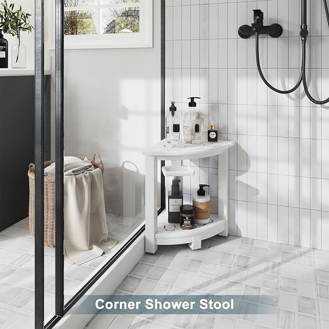 NALONE Corner Shower Stool, HDPE Shower Bench for Inside Shower, Small Shower Chair Seat for Shaving Legs with Storage Shelf, Soap Box and No-Slip Feet (White)