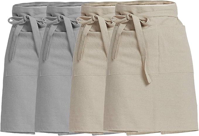 Cityelf Linen Server Apron Cotton Bistro Half Apron with Large Pockets Waist Kitchen Apron for Cooking Waitress