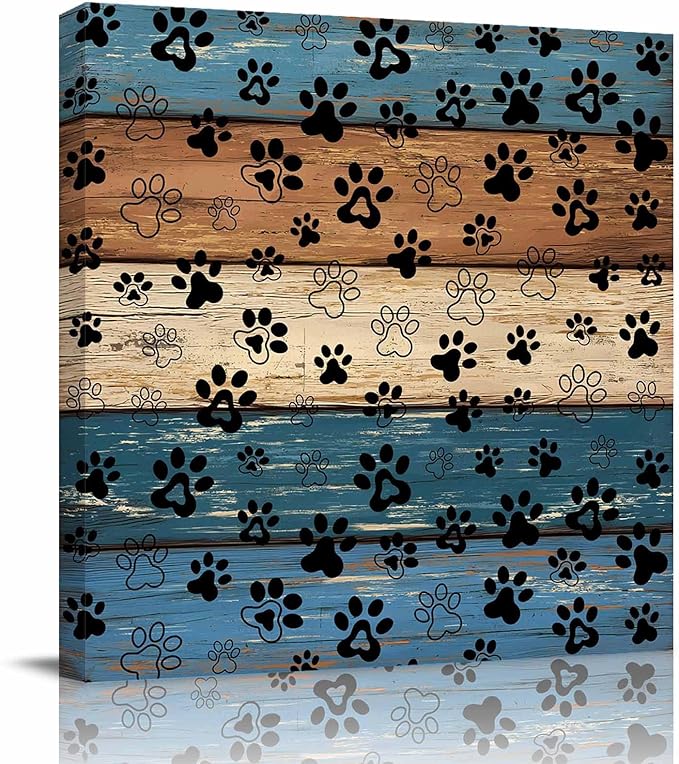 Framed Canvas Wall Art for Living Room Dog Paw Print Wall Decor, Retro Brown Blue Wood Grain Aesthetic Paintings for Bedroom Office Kitchen Bathroom, Ready to Hang Artwork Wall Pictures 16x16 Inch