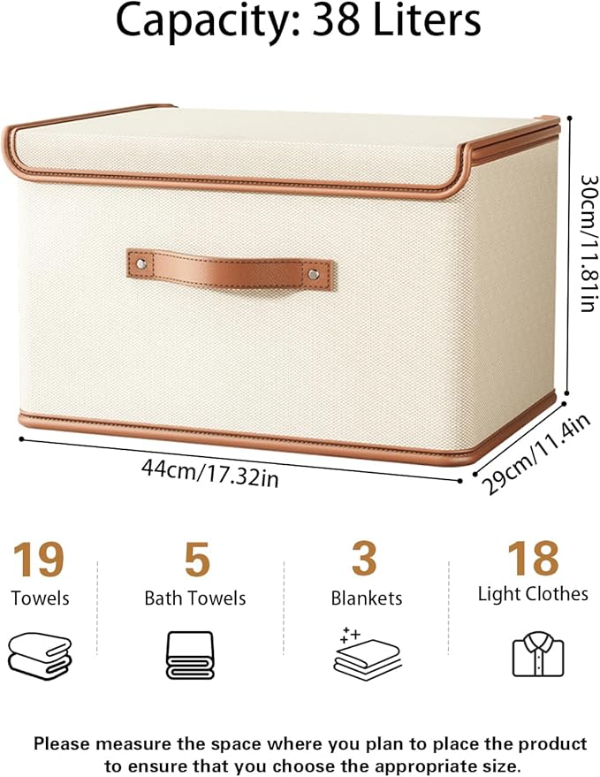 Tuza 4 Pack Storage Bins with Lids, Collapsible Closet Organizer Container, Fabric Organizer Box with Handles, Decorative Storage Boxes with Lids for Organizing Clothes, Books, File, White, Large