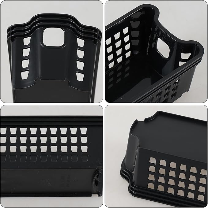 12 Pack Plastic Slim Storage Basket, 10.43" x 3.74" x 2.55" Small Stackable Plastic Storage Baskets, Black