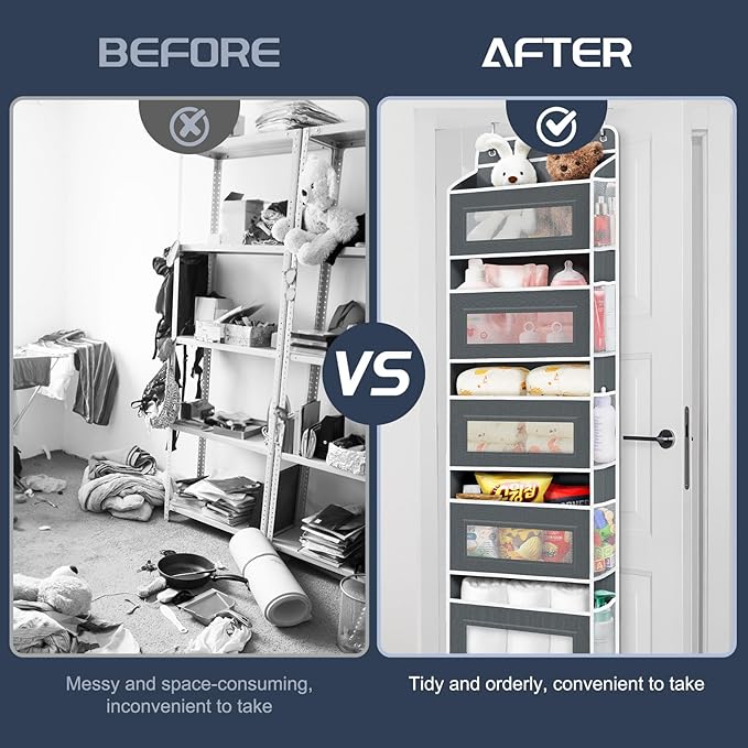 2 Pack 5-Tier Over the Door Organizer with 5 Large Side Pockets, 40lb Ultra Sturdy Large Capacity Behind the Door Storage, Stuffed Animal Storage for Pantry Bathroom Closet Baby Essentials(Grey)