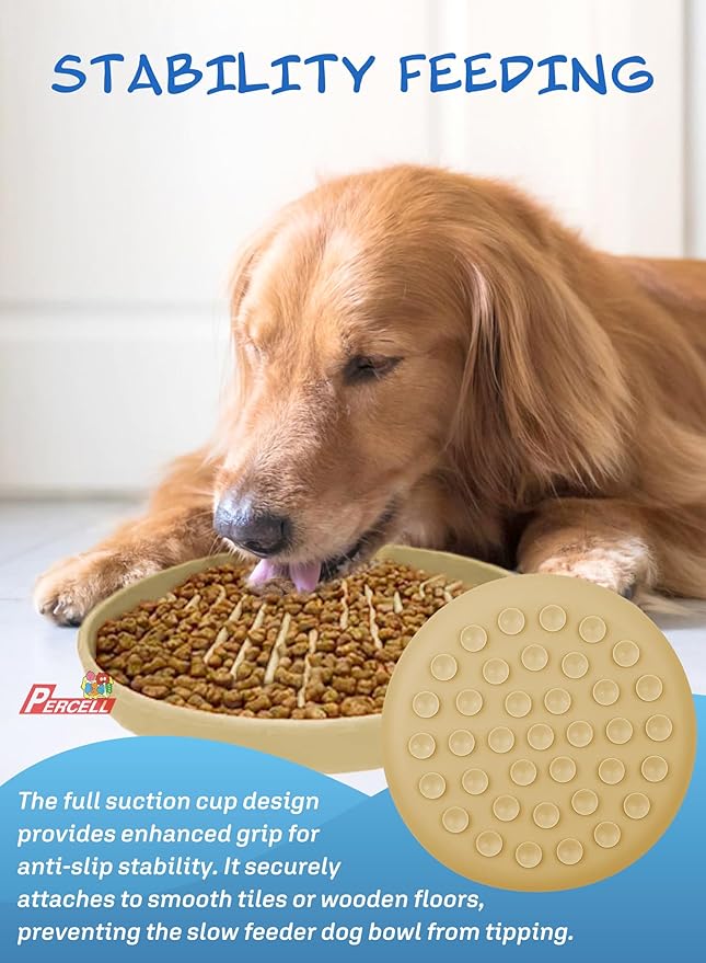 Slow Feeder Dog Bowl with Suction Cups - Non-Slip Silicone Strip Maze Design for Dogs (Beige)