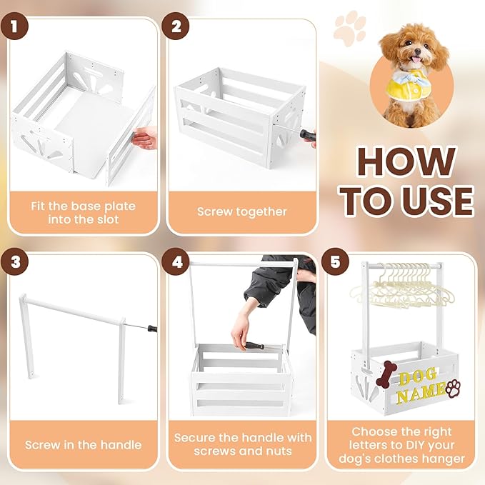 20 x 13 x 9 Wooden Dog Closet Pet Wardrobe Crate Box with Hanging Rods and Personalized Alphabet Letters Easy Assembly Baskets for Dog Cat Toys Clothes Accessories(White)