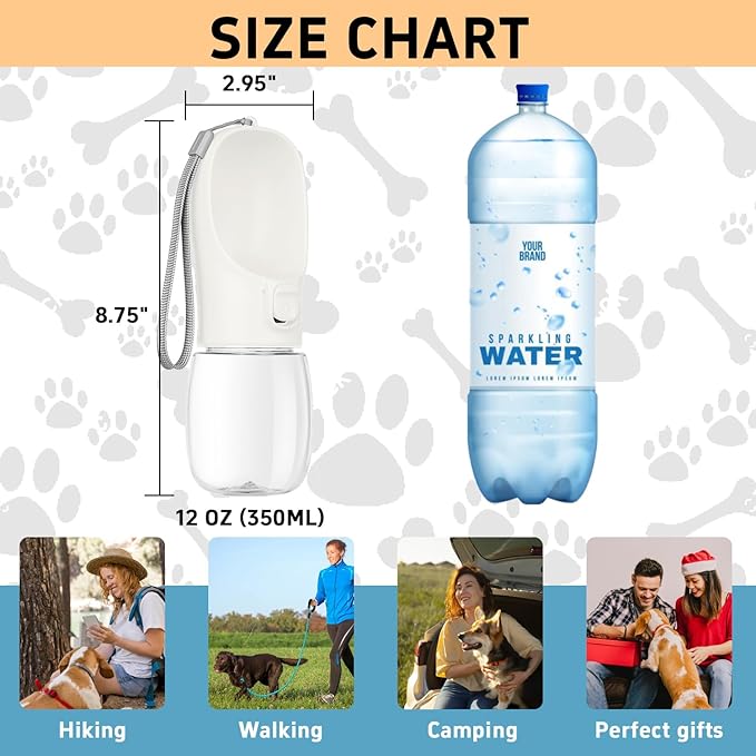 Portable Travel Dog Bottle with Bowl, Leak Proof, Convenient for Walking, Hiking and Camping (White, 12oz)