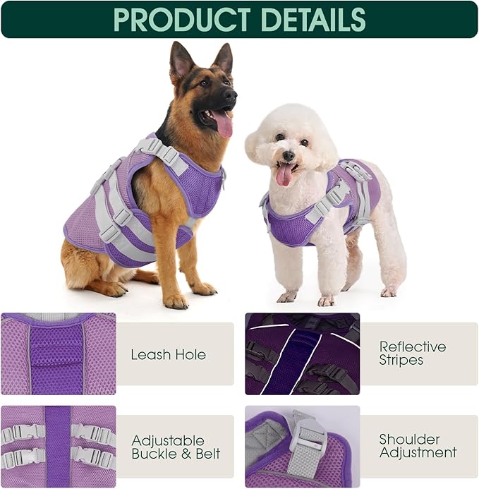 Kuoser Dog Cooling Vest Harness, Medium Dog Cooler Jacket, UV Protection Shirt with Leash Hole, Adjustable Fit Pet Harness for Outdoor Beach, Hiking, Walking Purple L