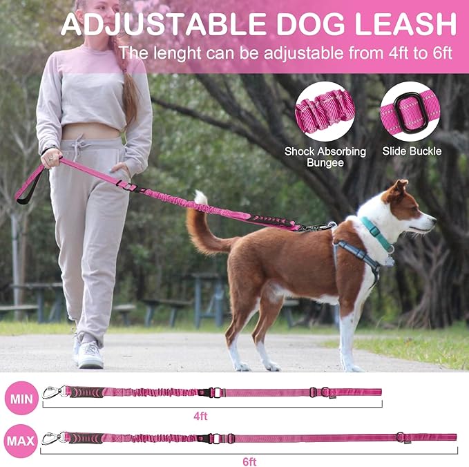 2 Pack Heavy Duty Dog Leash for Medium Large Dogs That Pull,4-6FT Shock Absorbing Bungee Tactical Dog Leash with Control Padded Handle and Car Seatbelt,Reflective Walking Training Lead,Pink