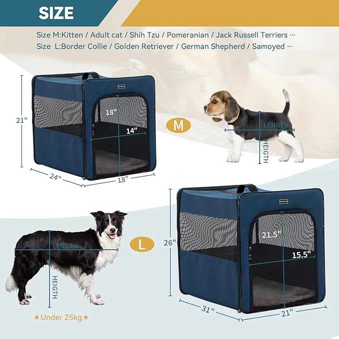 PETSFIT Portable Dog Crate, Dog Travel Crate - 31 Inch with Thicken Mat, Easy to Fold, Sturdy and Portable, Perfect for Traveling, Foldable Dog Crate Navy Blue