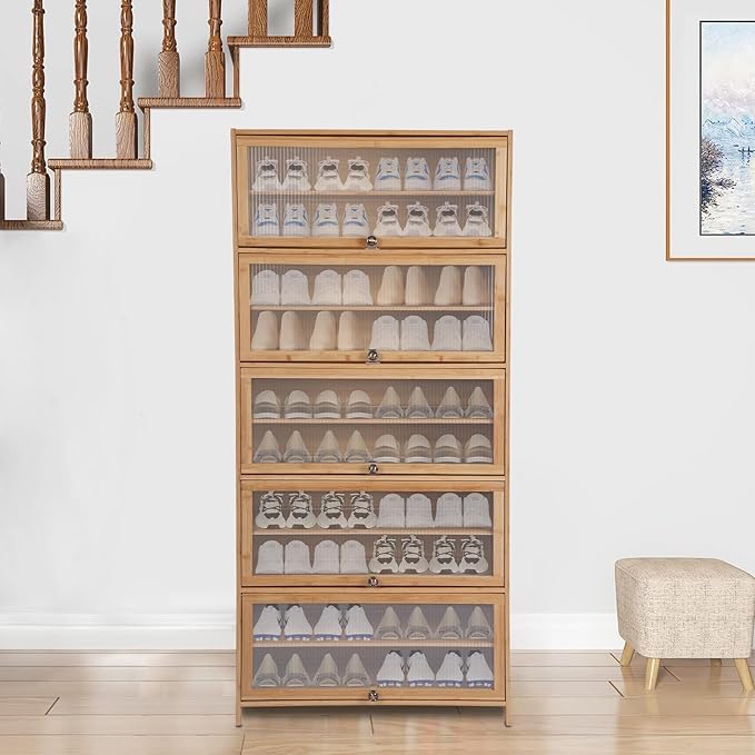 10 Tiers Bamboo Shoe Cabinet with Flip Doors, Large Freestanding Shoe Rack for Entryway, Shoe Shelves Organizer for Closet Hallway Bedroom