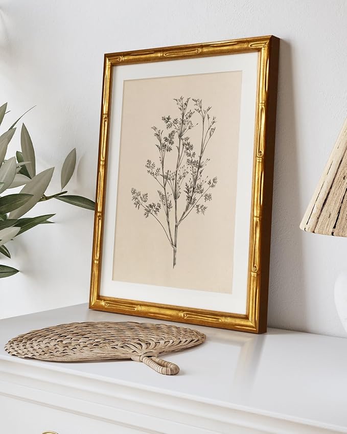 Vintage Botanical Gold Bamboo-Textured Framed Canvas Wall Art, 11x14 Inch Black White Plant Illustration Sketch Print, Classic Minimalist Line Artwork Home Office Bathroom Bedroom Decor