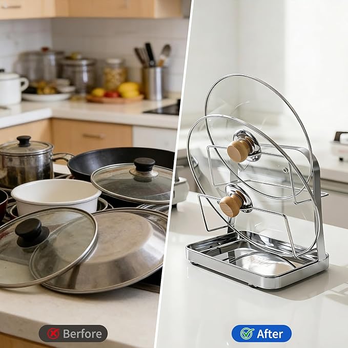 Pot Lid Holder While Cooking, 2 Tier 304 Stainless Steel Pot Lid Organizer with Drip Tray, Kitchen Storage Rack for Stove Top & Countertop, Heavy Duty Lid Holder for Pots and Pans, Silver