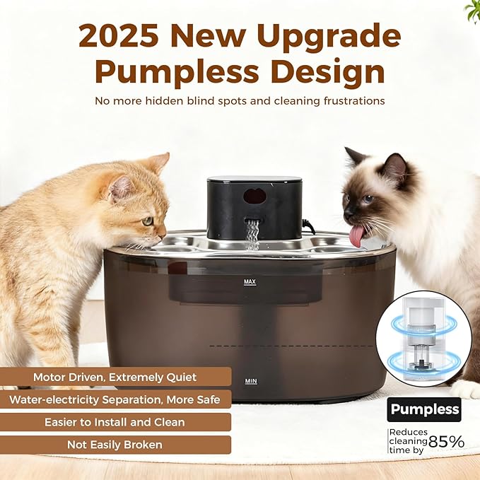 Pumpless Cat Water Fountain Stainless Steel, 108oz/3.2L Wireless Cat Dog Pet Fountain, 5000mAh Battery, Sensor, Timer and Continuous Water Modes, Suitable for Cats and Small Dogs Indoor