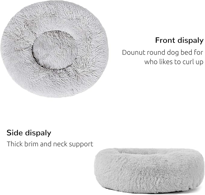 HACHIKITTY Calming Donut Cuddler Dog Bed, Round Fluffy Pet Bed for Small Dogs,Washable, Large, Gray, 24''