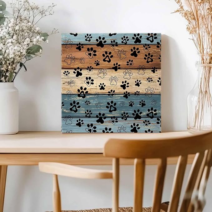 Framed Canvas Wall Art for Living Room Dog Paw Print Wall Decor, Retro Brown Mist Blue Wood Grain Aesthetic Paintings for Bedroom Office Kitchen Bathroom, Ready to Hang Wall Pictures 16x16 Inch