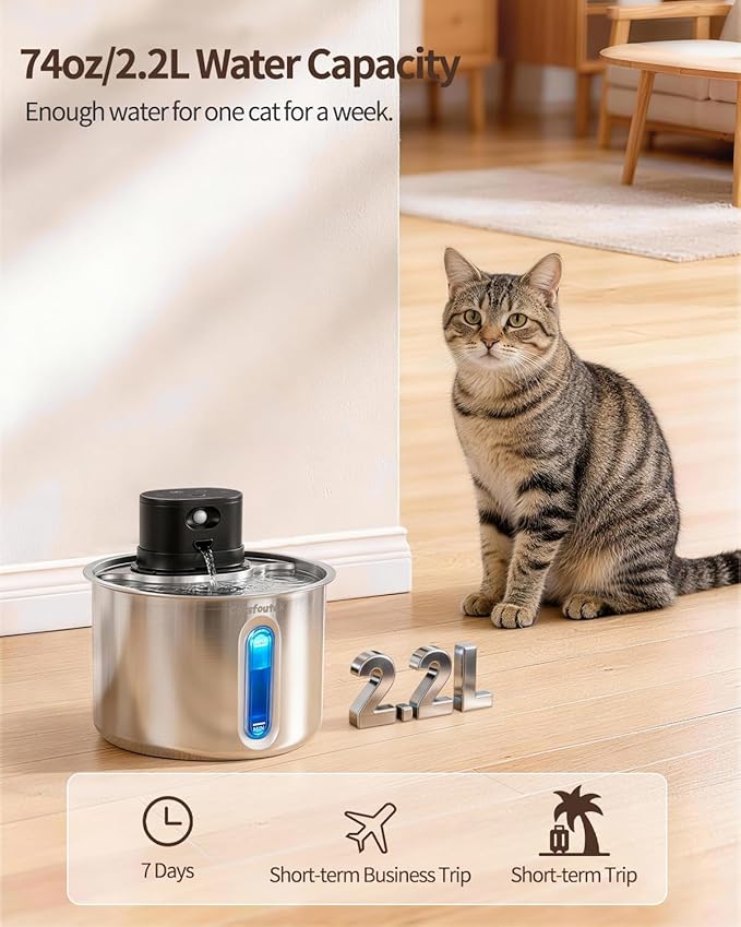 Wireless Cat Water Fountain Cordless Cat Drinking Fountain Stainless Steel, 74oz/2.2L Battery Operated Pet Water Fountain for Cats Indoor with 11 Filters