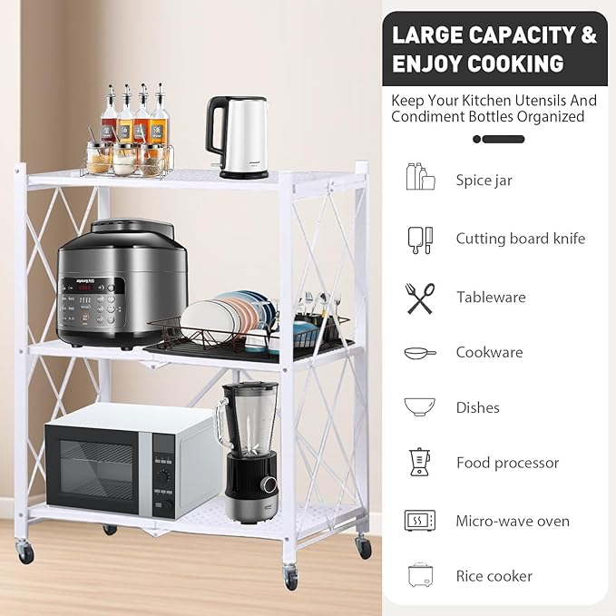 Folding Shelf Foldable Shelves with Wheels - Folding Shelves No Assembly, Collapsible Shelf Unit Display, Kitchen Organizers and Storage, Pop Up Heavy Duty Rack , 3-Tier White 28"D x 14"W x 34"H