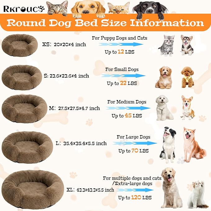 Fluffy Dog Bed Calming Donut Beds for Large Dogs Warming Round Small Medium Pet Nest Cozy Cat Mattress Indoor Washable Puppy Kennel Kittens Sleep Mat (L, 35.4×35.4 inch, Light Brown)