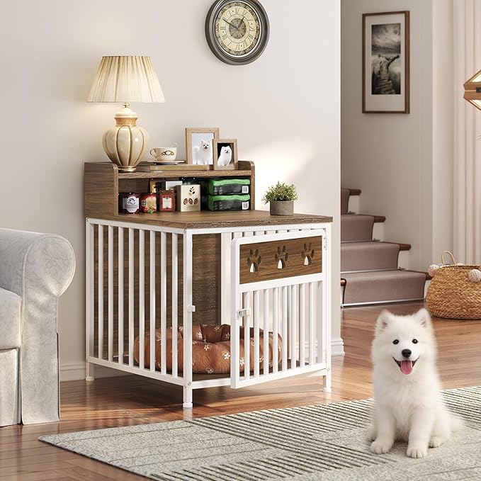 Dog Crate Furniture for Small Dogs, Wooden Dog Kennel, Indoor Pet Crate End Table, Two-Tier Small Pet Crate, for Living Room, Bedroom, White and Walnut DC01WH