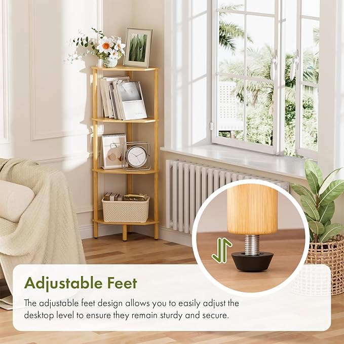 Corner Shelf Stand, 4 Tier Bamboo Corner Bookshelf, Narrow Tall Bookcase, Corner Shower Caddy, Open Storage Shelves, Plant Display Shelf, for Living Room, Kitchen, Office, Balcony, Bathroom