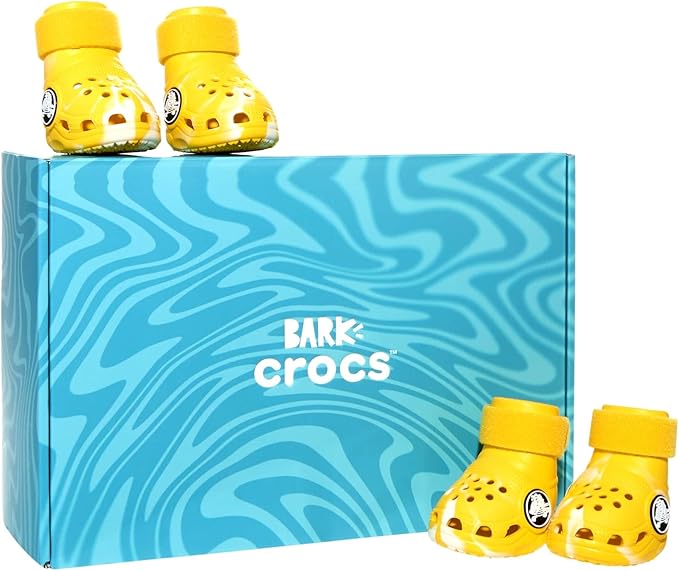 BarkBox Yellow Crocs Dog Shoes – Set of 4 Glow-in-The-Dark Dog Booties with EVA Foam, Adjustable Strap & Non-Slip Sole – Comfortable Paw Protection for Medium Breeds (26-50 lbs)
