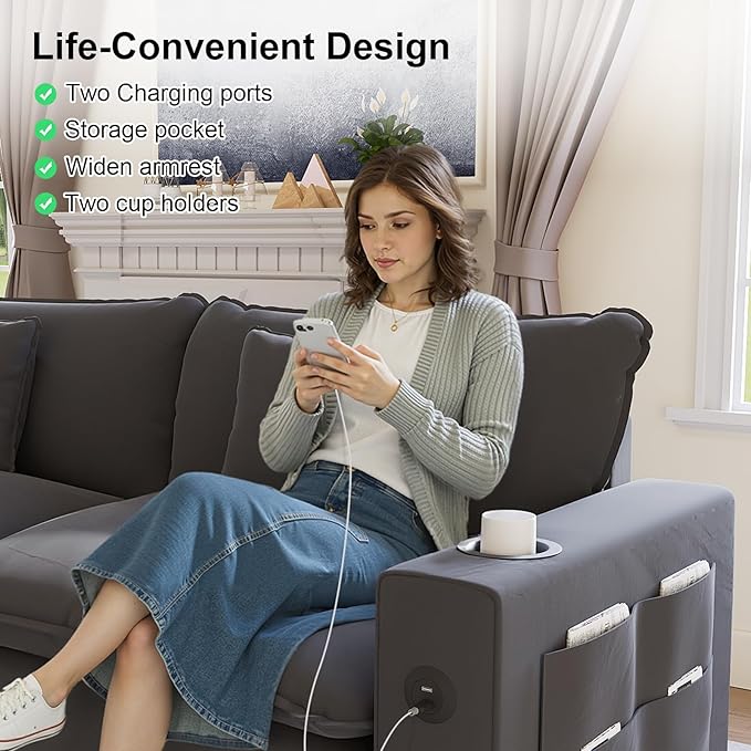 152" Modular Sectional Sofa, U Shaped Cloud Couch with Movable Ottoman, Chenille Deep Seat Cloud Sofa with Charging Station, Cup Holder, Side Pocket, Sectional Couches for Living Room, Grey