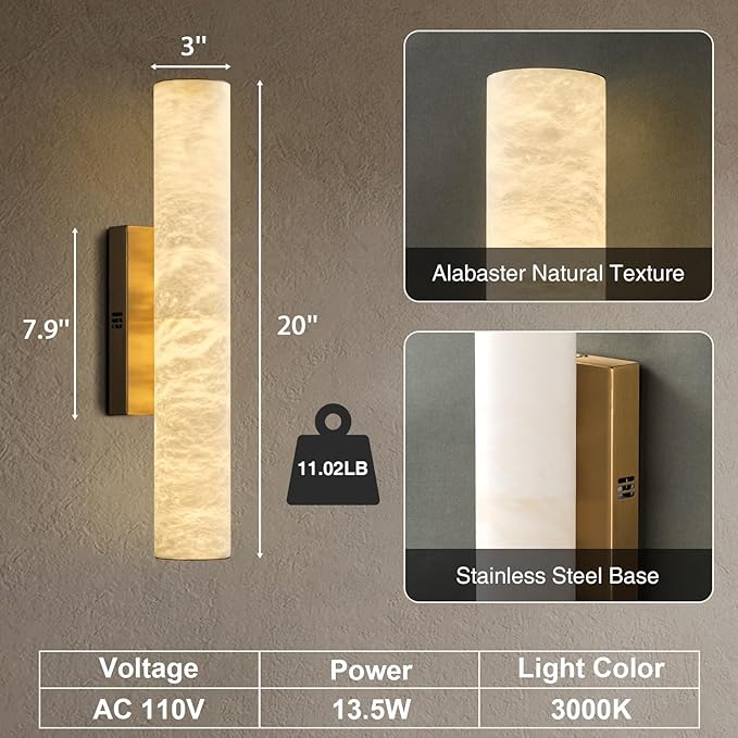 Alabaster Wall Sconces, 20" Brass Wall Sconce, Modern Bathroom Sconces Wall Lighting, Gold Wall Sconce, Spanish Natural Marble Sconce for Living Room, Bedroom, Stairs, Hallway