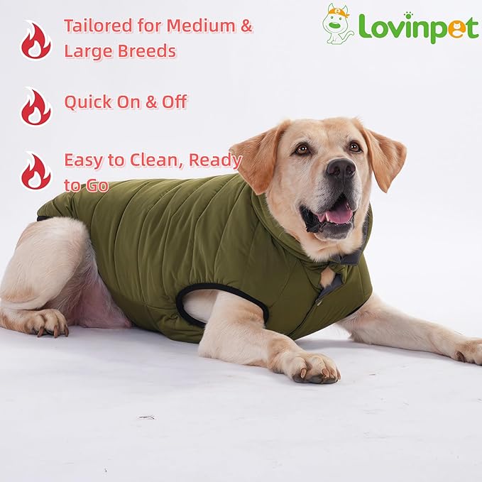 LovinPet Reversible Dog Puffer Coat for Medium & Large Dogs, Down‑Insulated Winter Jacket, Water‑Resistant & Wind‑Resistant, Anti‑Static, Dual-Sided Dark Green & Grey for Cold Weather,3XL
