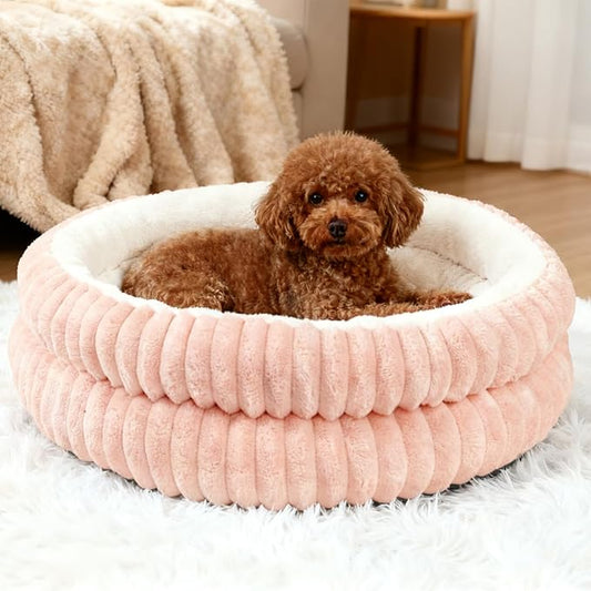 Washable Round Donut Dog Bed,Cat Beds for Indoor Cats,Fluffy Puppy Dogs Beds for Small Dogs with Anti-Slip Bottom(Pink,M)