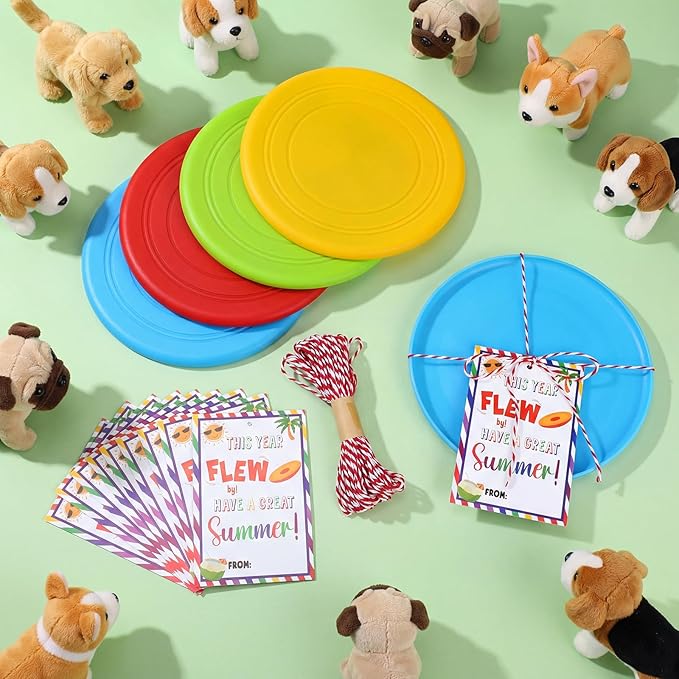24 Sets Rubber Flying Disc Bulk 7 Inch with Ropes and Gift Cards End of Year Student Rewards Gift for Classroom Summer Kids Pets Toys Party Favors Back to School Gifts (4 Colors)