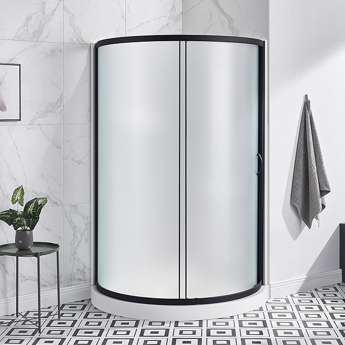 OVE Decors Breeze 36 in. Corner Shower Frosted Sliding Door with Base in Black Finish