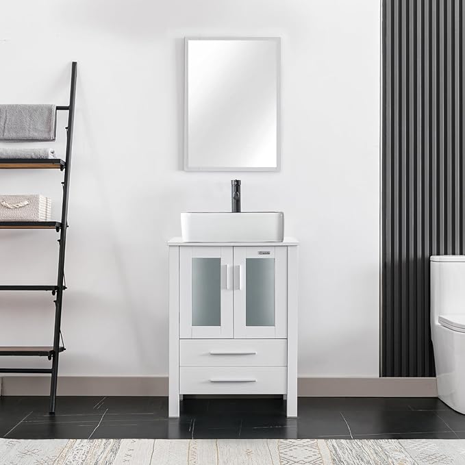 eclife 24" Modern Bathroom Vanity Sink Combo Freestanding Cabinet with Soft Closing Door, White Black Ceramic Vessel Sink, Water Save Faucet, Drain (White+T03BK)