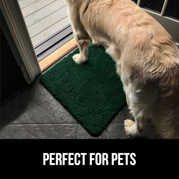 GORILLA GRIP SoakSTOPPER Dog Door Mat, 30x20 Machine Washable Rug Absorbent Doormat Captures Moisture Mud Dirt, Quick Dry Soft Chenille Entryway Rugs Indoor Entrance Mats for Dog Paws, Deep Green