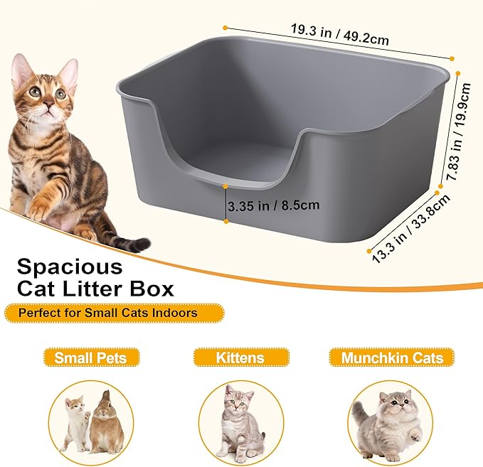 Low Entry Cat Litter Box with High Sides - Open-Top Anti-Splash, Durable Easy-Clean Pan for Kittens, Munchkin Cats, Senior Medium-Sized Cats & Small Pets (Rabbits), 19.3”x13.3”x7.8” Grey