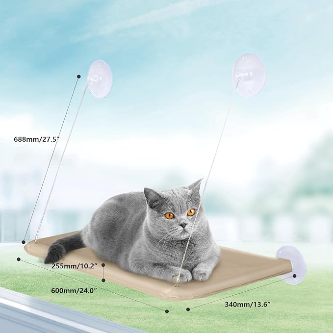 Cat Window Perch with Strong Suction Cups, Cat Window Hammock, Durable Steel Frame, Bite-Resistant Oxford Cloth, Easy Assembly for Smooth Surfaces (Khaki, one Size)