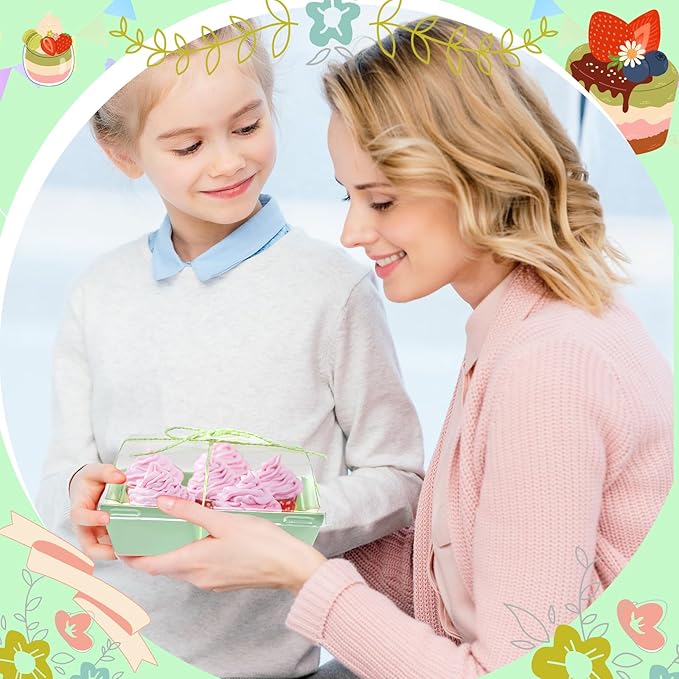 Outus 100 Pack Charcuterie Boxes with Clear Lids, 5.7 x 5.1 '', Mother 's Day Back to School Paper Food Containers Cake Take out Bakery Boxes with Gift Tags Rope for Desserts(Light Green,Classic)