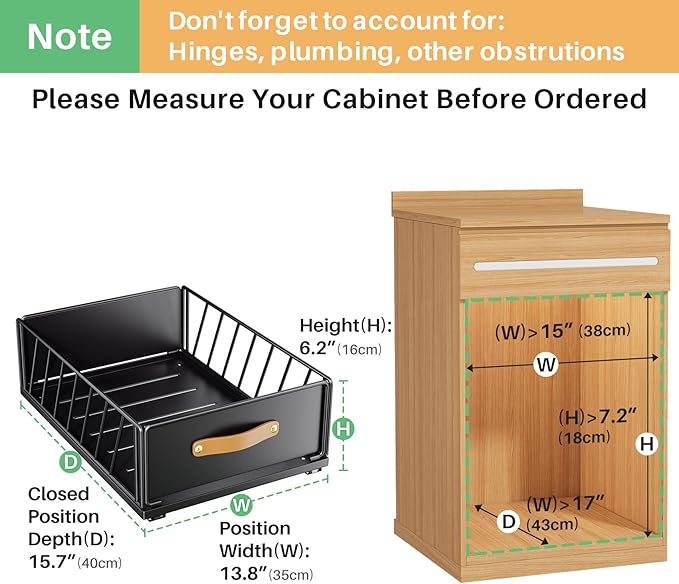 Pull out Cabinet Organizer, Fixed with Adhesive Nano Film,Heavy Duty Slide out Pantry Shelves Drawer Storage,Sliding Mesh Basket with Handle for Kitchen, Bathroom,Home, 13.8"W X15.7"D X6.2"H(Black)