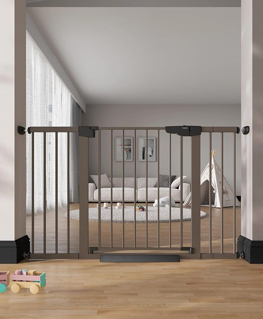 Cumbor 29.7"–51.5" Extra Wide Baby Gate for Stairs, Pressure-Mounted Dog Gates for Doorways & Hallways, Auto-Close Walk-Through, No-Trip Design, Child Proof Safety, Dog/Pet Gate for Indoor Use, Brown