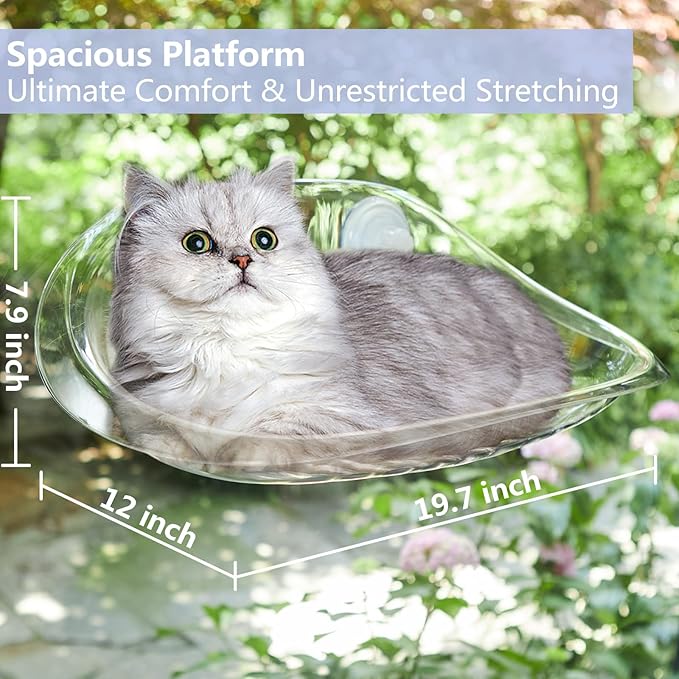 Transparent Cordless Cat Window Perch with Super Strong Suction Cups - Heavy-Duty Cloud Bed for Large & Heavy Cats, Spacious Indoor Hammock -Clear