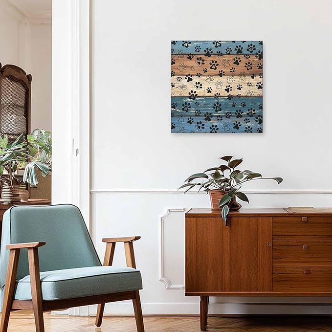 Framed Canvas Wall Art for Living Room Dog Paw Print Wall Decor, Retro Brown Blue Wood Grain Aesthetic Paintings for Bedroom Office Kitchen Bathroom, Ready to Hang Artwork Wall Pictures 24x24 Inch