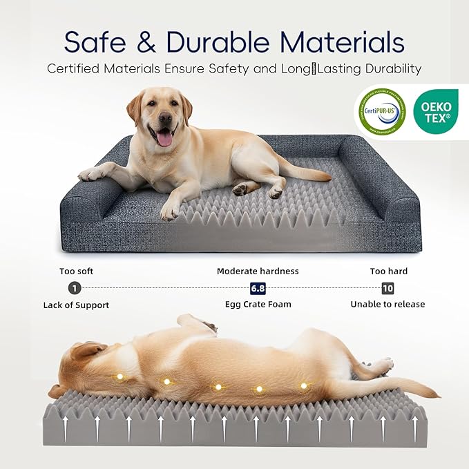 Sytopia Orthopedic Sofa Dog Bed for Extra Large Dogs 42x30 Inch, Waterproof Foam XL Pet Couch Bed with Sides, Non-Slip Egg-Crate Foam Large Dog Bed with Washable Removable Cover, Dark Grey