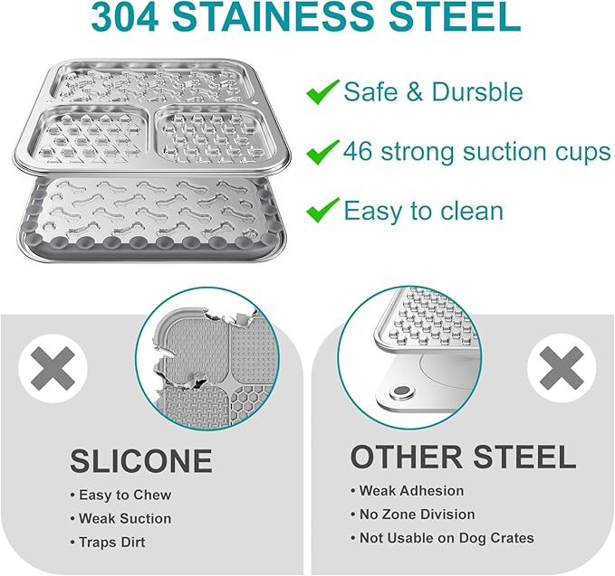 Stainless Steel Lick Mat for Dogs & Cats, Dog Lick Mat with Suction Cups & Crate Mount, Chew-Proof Slow Feeder with 3 Textured Zones for Calm Feeding & Anxiety Relief [1Pack]