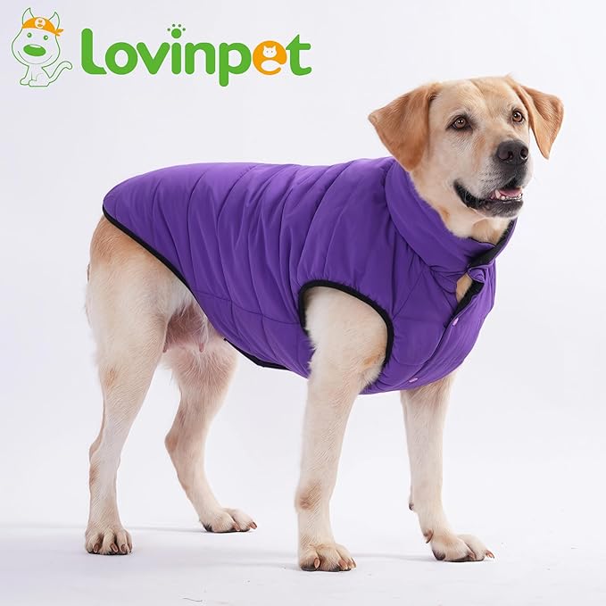LovinPet Reversible Dog Puffer Coat for Medium & Large Dogs, Down‑Insulated Winter Jacket, Water‑Resistant & Wind‑Resistant, Anti‑Static, Dual-Sided Purple & Black for Cold Weather,3XL
