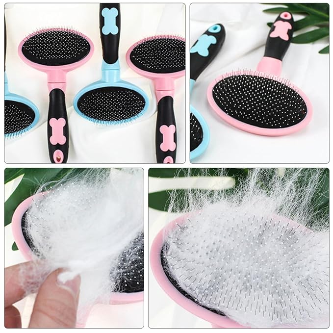 HEMOTON Pet Grooming Brush and Comb Set for Cats and Dogs, Pink Massage Hairbrush with Soft Bristles, Pet Supplies for Shedding Control and Fur Cleaning