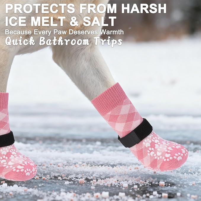 EXPAWLORER Dog Socks for Cold Winter Snow to Prevent Licking Paws, Anti Slip Doggie Booties Grippy Shoes for Hardwood Floors, Boots & Paw Protectors for Small Medium Large Senior Dogs Pink M