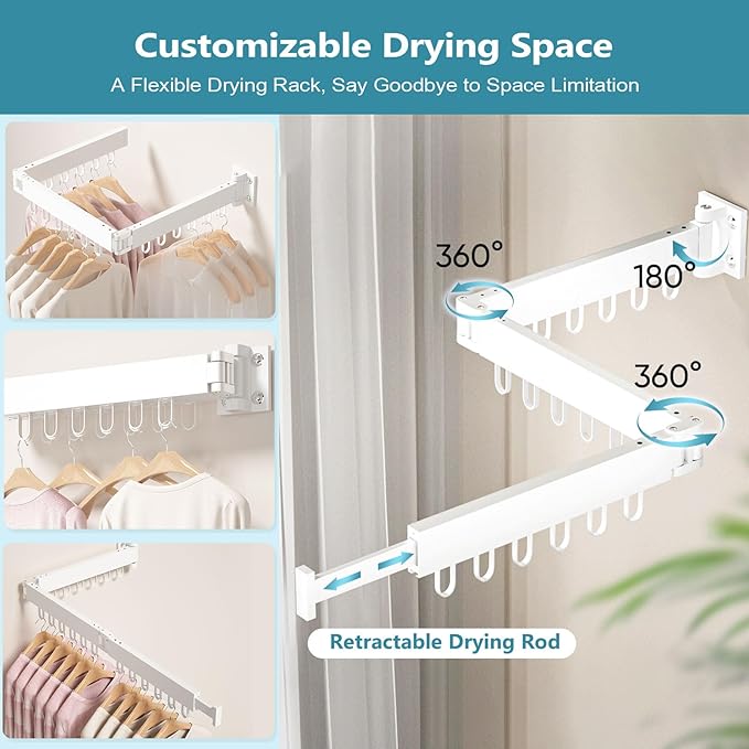 JAUREE Wall Mounted Clothes Drying Rack, Foldable & Collapsible Laundry Drying Rack, Space Saving Tri-Fold Retractable Dryer with 18 Hooks for Indoor & Outdoor, White