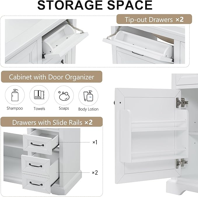 Christopher Knight Home 36" Bathroom Vanity with Ceramic Sink, Wooden Bathroom Vanity Organizer, Bathroom Storage Cabinet, Pedestal Sink Storage Cabinet, Adjustable Door Shelves+Drawer, White
