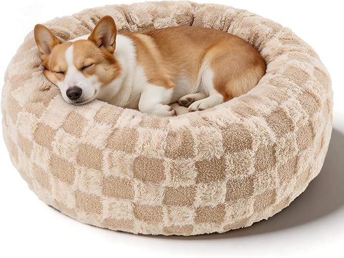 Dog Calming Beds for Small Medium Large Dogs - Round Donut Washable Puppy Dog Bed, Anti-Slip Faux Fur Fluffy Donut Cuddle Anxiety Cat Pet Bed (32" Grid)