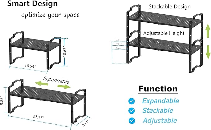 Expandable Shelf for Cabinet Organizer Adjustable Stackable Spice Rack at Kitchen and Bathroom More, Counter Countertop Cupboard Organization Pantry Storage(3 Packs/Black, Medium)