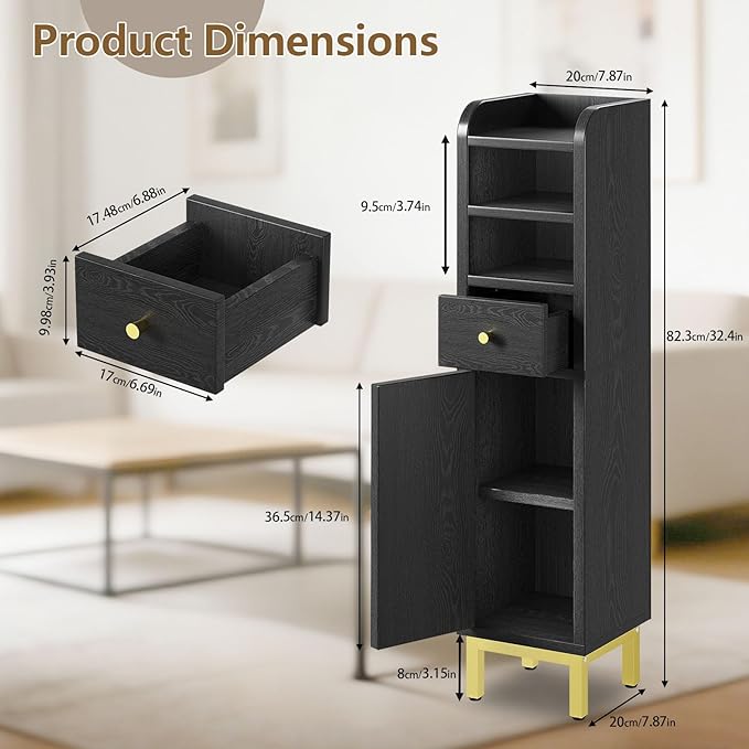 Small Bathroom Storage Cabinet, Bathroom Cabinet with Adjustable Shelves & Doors & Drawer, 7.87" x 7.87" x 32.4" Narrow Toilet Paper Cabinets for Small Spaces Organizer, Black